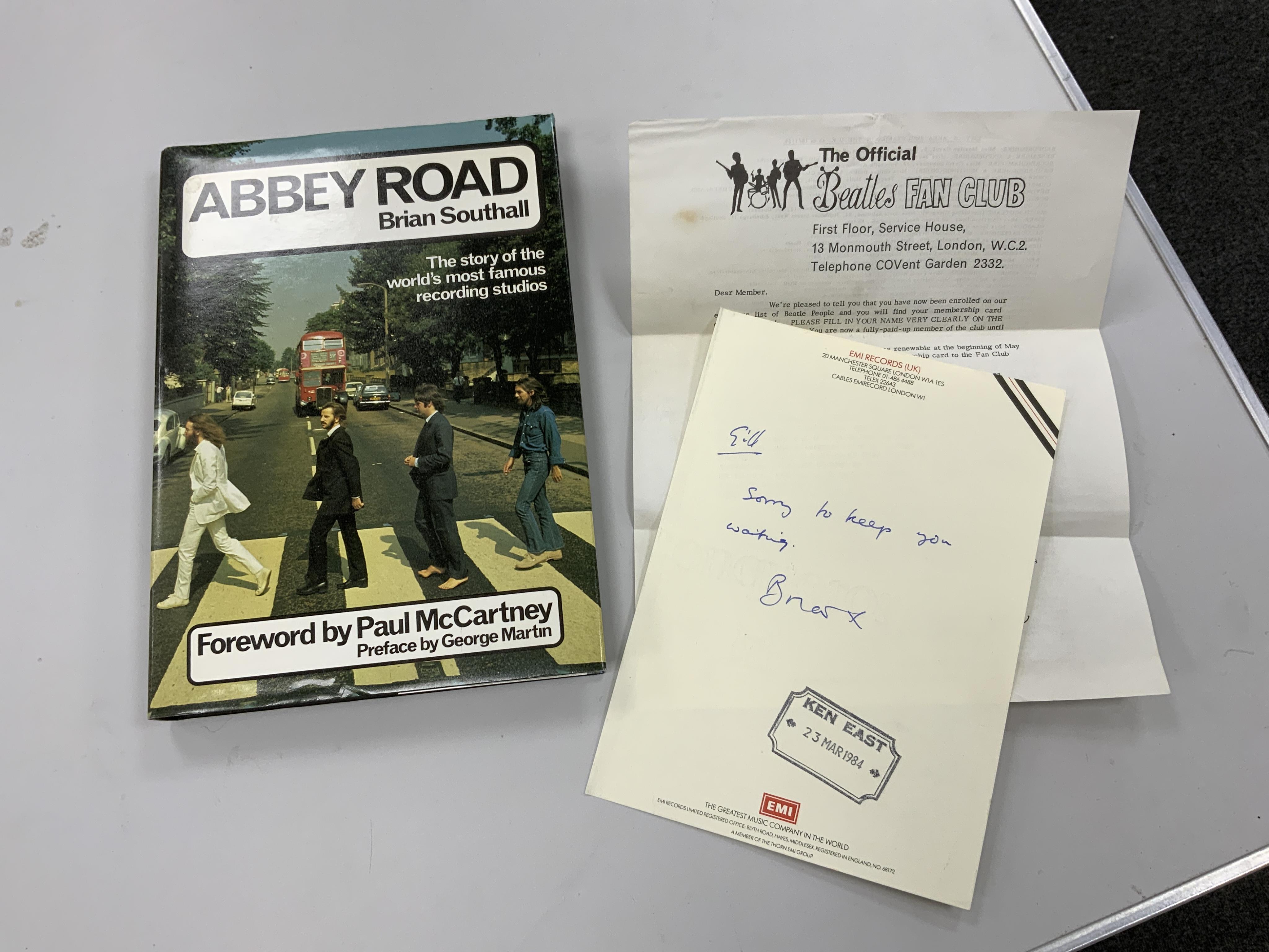 Brian Southall, Abbey Road, ’The story of the worlds most famous recording studios’, pub. Patrick Stephens Cambridge, a signed and dedicated copy with a separate note from the author on EMI headed note paper, together wi